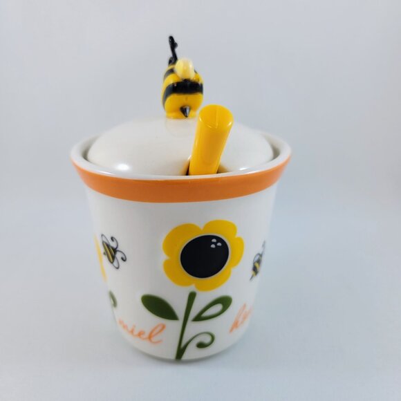 Sunflower Honey Pot Jar Bee Joie Ceramic Dipper White Yellow Flower Miel Read - Picture 3 of 11